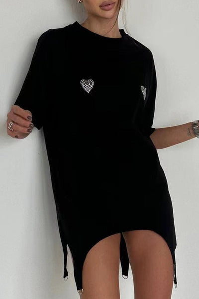 Casual Letter Heart Shaped Asymmetrical Hot Drill O Neck T-Shirts