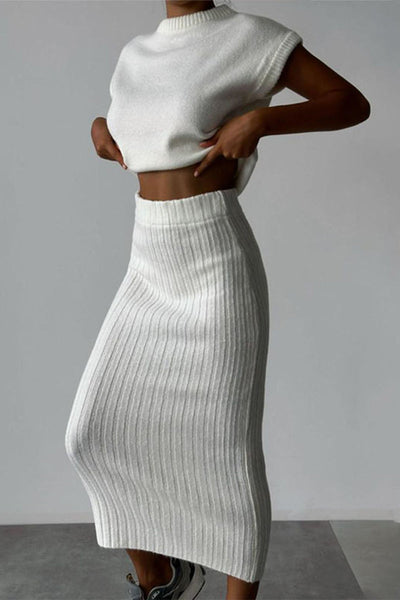 Elegant Solid Patchwork Half A Turtleneck Sleeveless Two Pieces